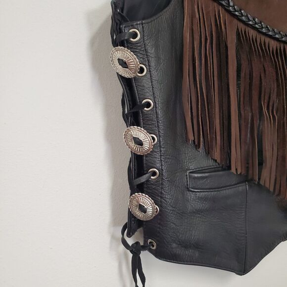 Antelope Creek Black Leather Brown Suede Fringe Western Biker Vest XL Conchos - Picture 4 of 10